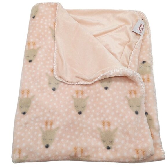 Sugarplum Dreams Baby Blanket Peach Pink Brown Deers 30"x38" White Polka Dots - Picture 1 of 7